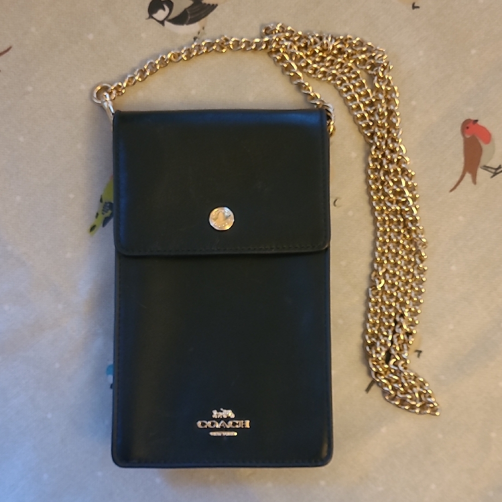 Coach Black Leather Phone Bag with Gold Chain